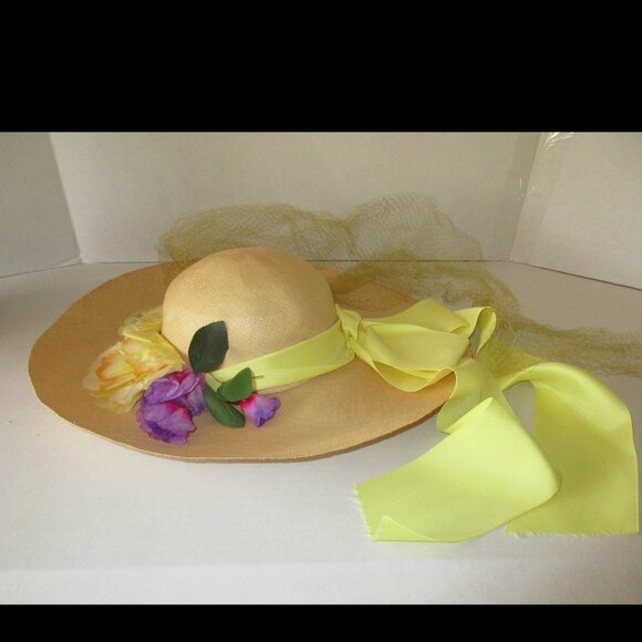 VTG 60's Wide Brim Natural Straw Hat wVeil Flowers Yellow Ribbon Bergdorf France - Picture 9 of 11